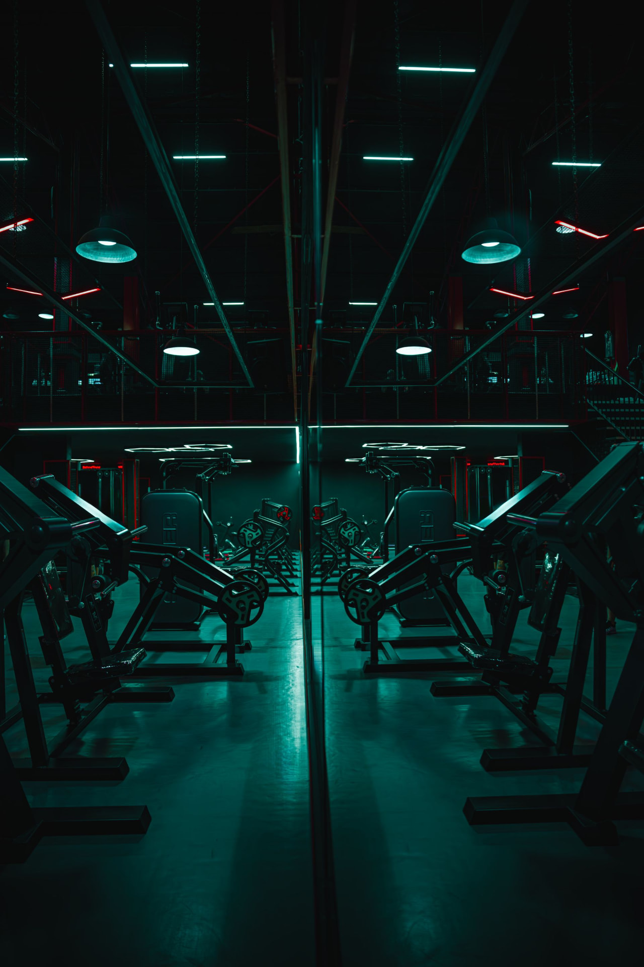 Adamantium training floor: mirrored rows of plate-loaded machines under low industrial lighting