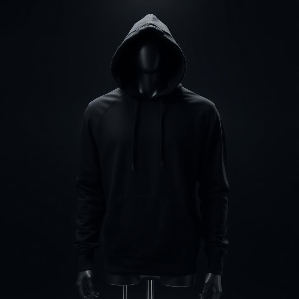 Matte black athletic hoodie on a dark mannequin