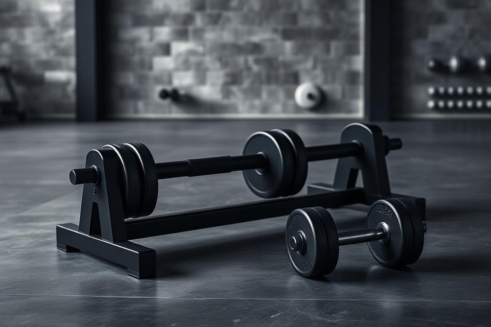 Matte black dumbbells and a loaded barbell rack on a polished concrete gym floor