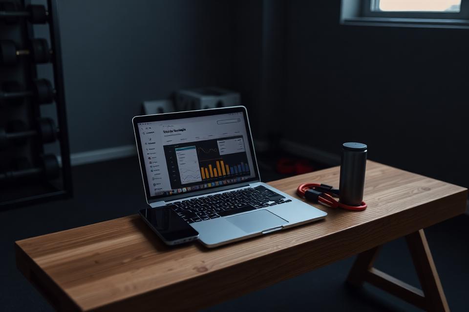 Laptop showing a training dashboard on a bench in a dark home gym