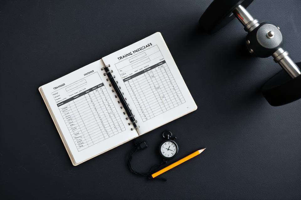 Open training log with program charts, a stopwatch and pencil on a dark surface