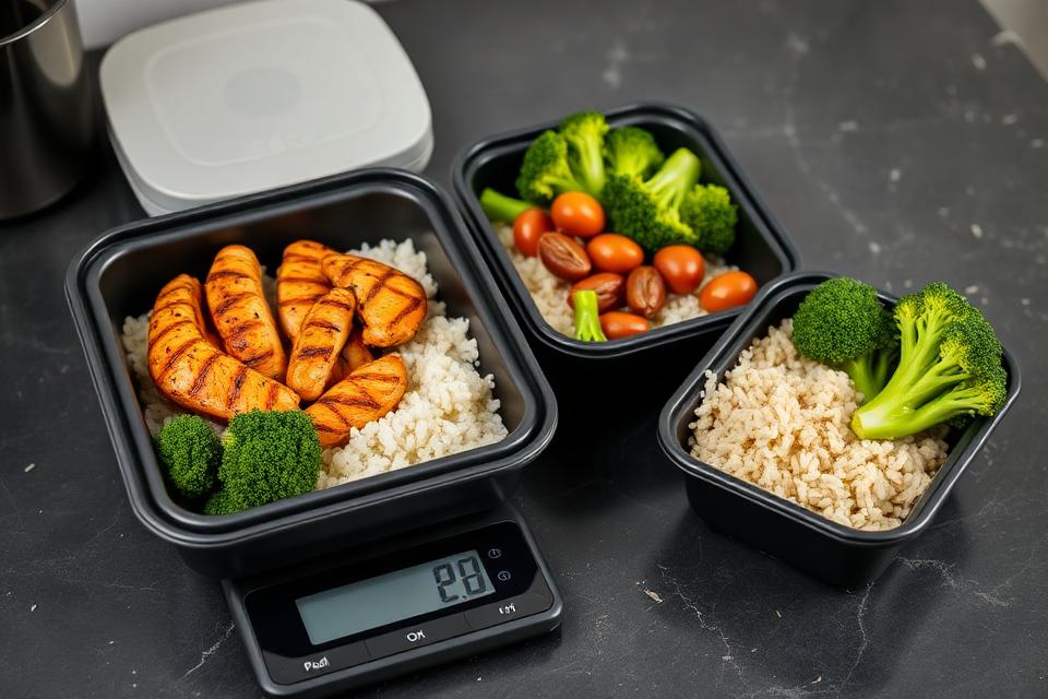 High-protein meal prep containers with chicken, rice and broccoli beside a digital scale